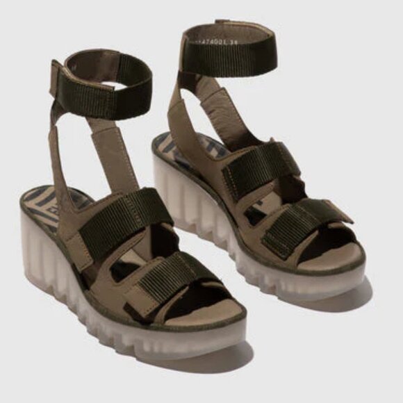 NEW FLY LONDON Made In Portugal Leather Bech Comfort Wedge Sandals khaki 864tn - Picture 7 of 10